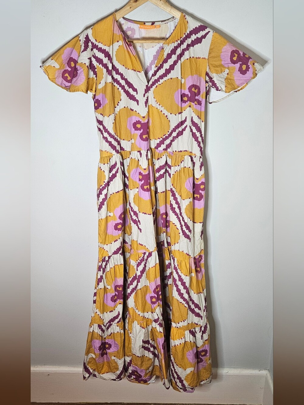 Oliphant Blockprint Maxi Dress Flutter Sleeves Maroon Gold Cream Women's L Large